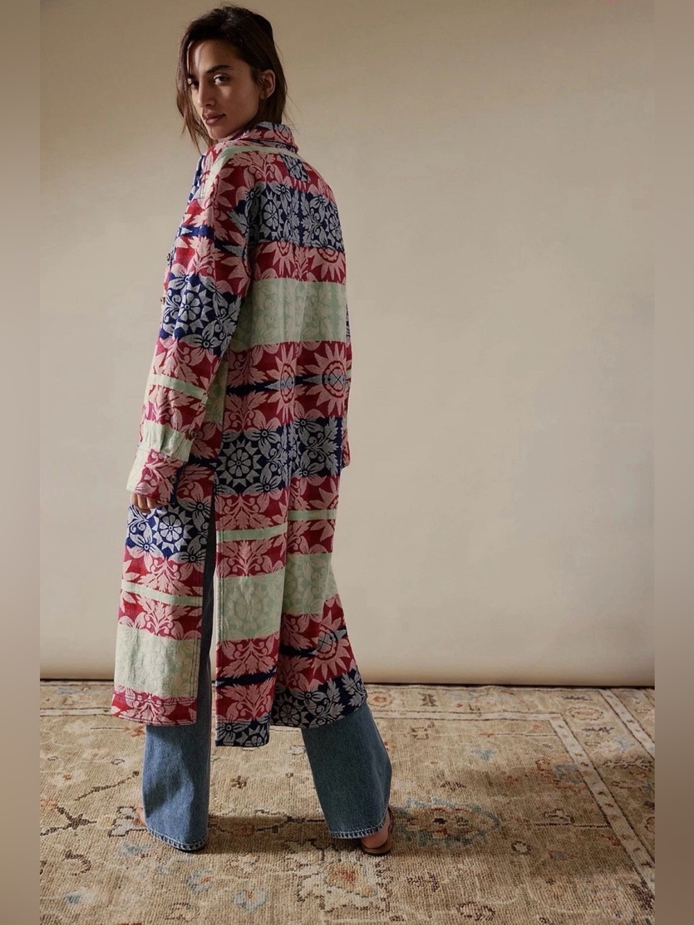 We The Free Free People Brick Lane Jacquard Maxi Boho Jacket Size Large $228 EUC